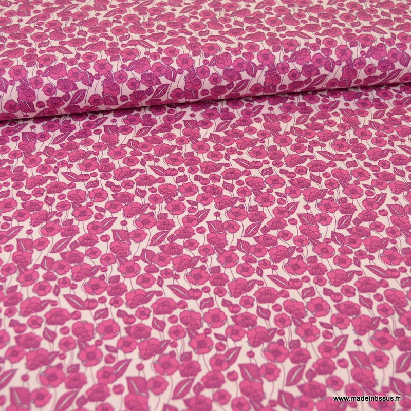 Tissu Coton Popeline Motifs Fleurs Fuchsia Fond Rose