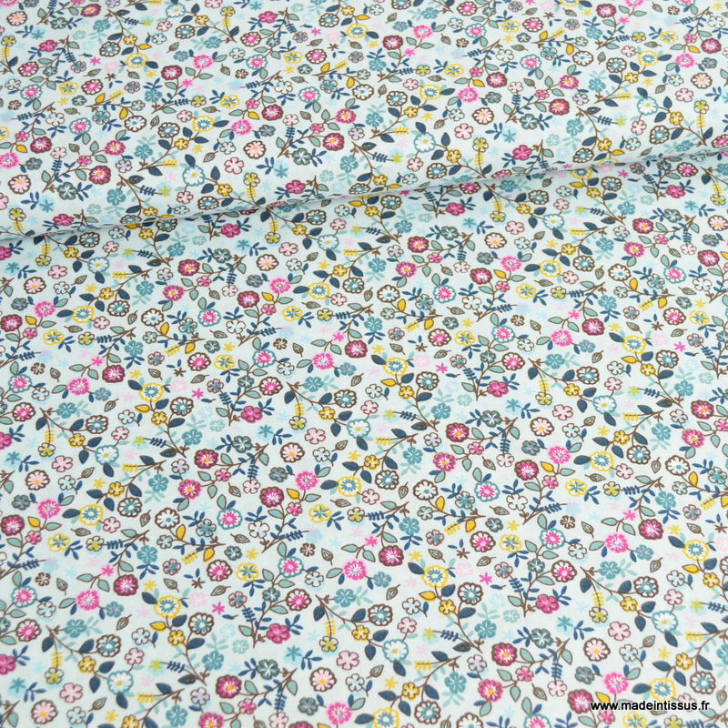 Tissu Popeline Litchie Motif Fleuri Fond C Ladon Oeko Tex