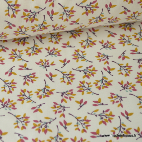 Tissu coton au mètre imprimé fleurs prune et moutarde label oeko tex