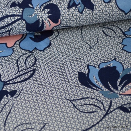 Tissu Jersey Viscose Fluide Imprimé Fleurs Graphiques Rose Et Bleu Marine