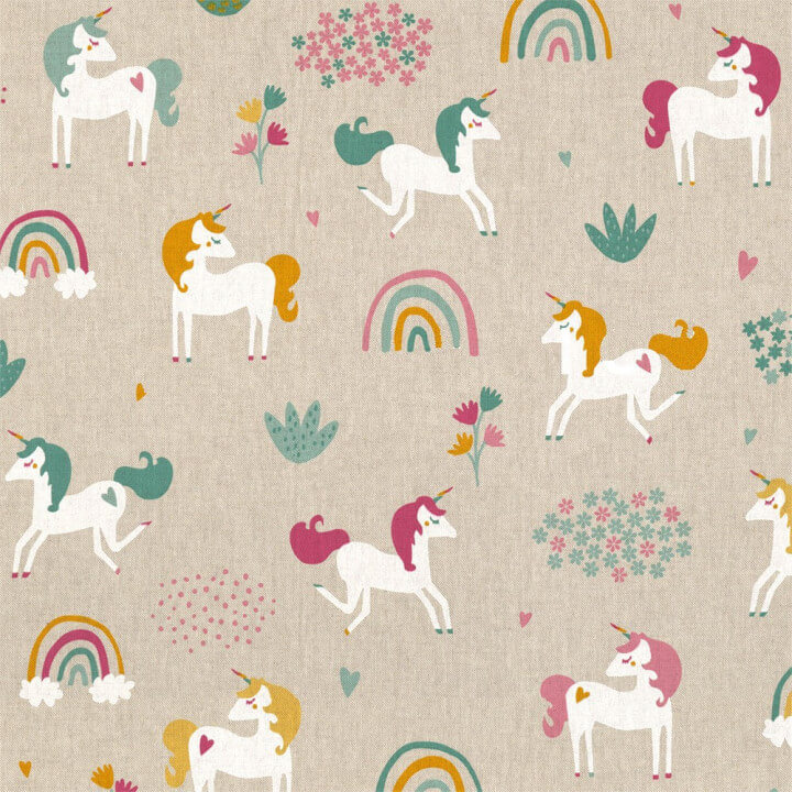 Tissu toile aspect lin motifs Licorne - Oeko tex