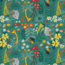 Tissu toile aspect lin motifs Jungle fond vert - Oeko tex