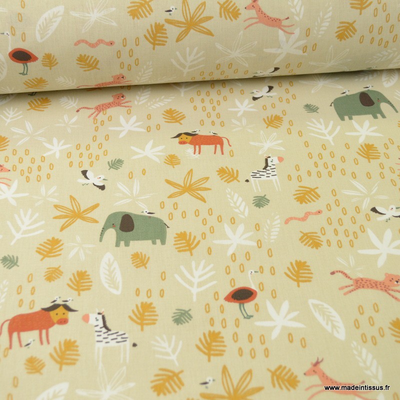 Tissu Coton Motifs Animaux De La Savane Gizou Oeko Tex