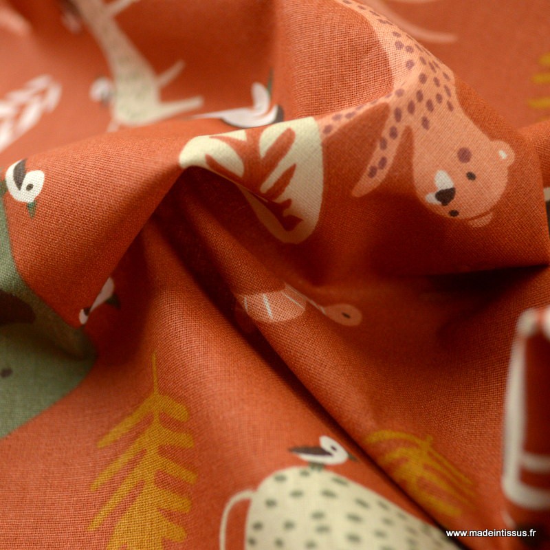 Tissu Coton Motifs Animaux De La Savane Terracotta Gnou Oeko Tex