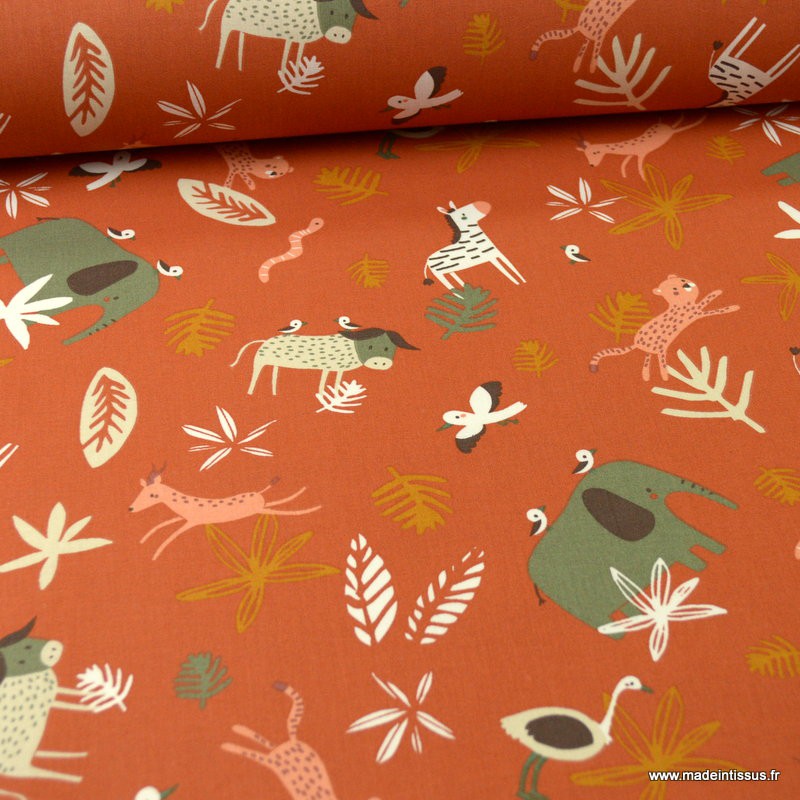 Tissu Coton Motifs Animaux De La Savane Terracotta Gnou Oeko Tex