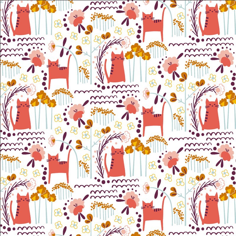 Tissu Coton Motifs Chats Et Fleurs Corail Glory Elsies Cat Cotton And Steel