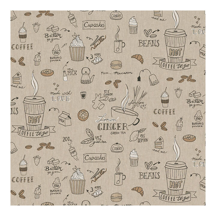 Tissu toile aspect lin motifs cupcake, café, cuisine - Oeko tex