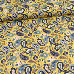 Tissu jersey French terry motifs cachemire fond jaune - oeko tex