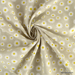 Tissu toile aspect lin Daisy motifs marguerites fond lin - oeko tex