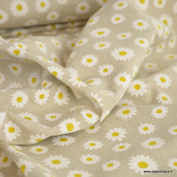 Tissu toile aspect lin Daisy motifs marguerites fond lin - oeko tex