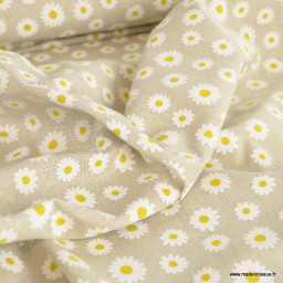 Tissu toile aspect lin Daisy motifs marguerites fond lin - oeko tex