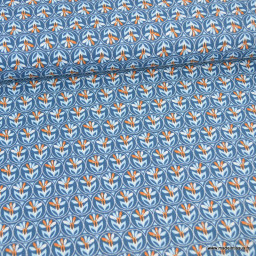 Tissu popeline motifs couronnes de fleurs brique fond indigo - Oeko tex