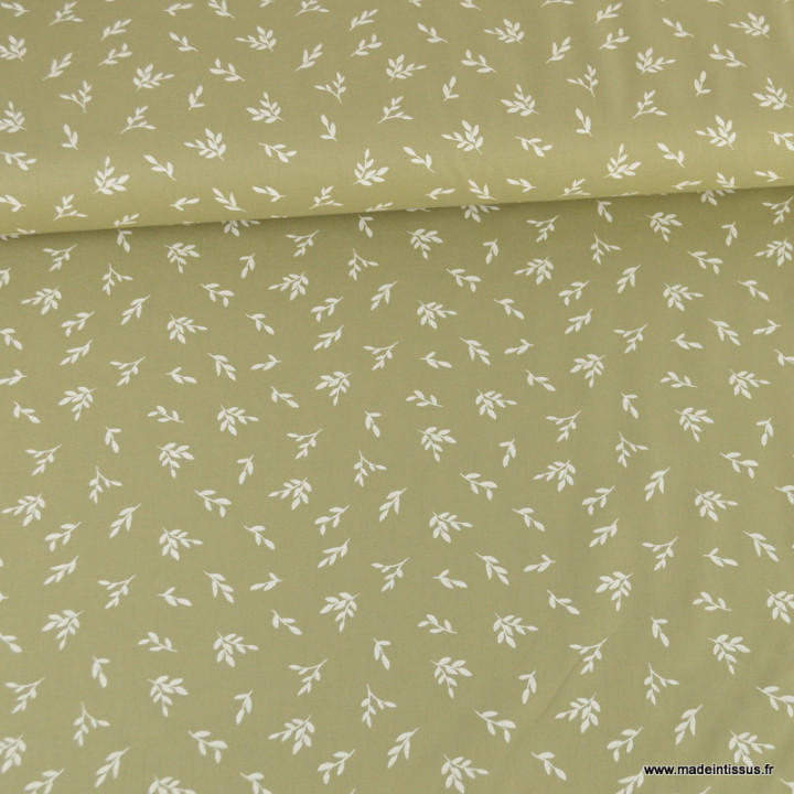 Tissu popeline motifs petites feuilles fond vert kaki tilleul - Oeko tex