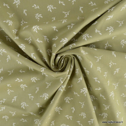 Tissu popeline motifs petites feuilles fond vert kaki tilleul - Oeko tex