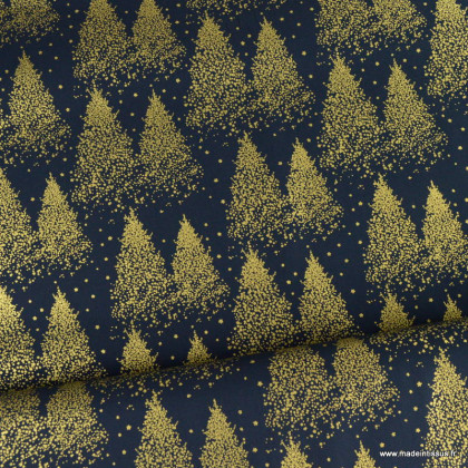 Tissu de Noël motif foret de sapins or fond bleu marine - Oeko tex