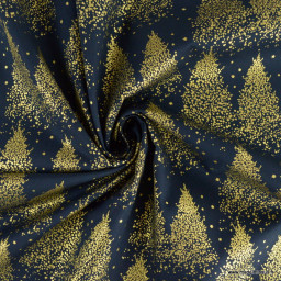 Tissu de Noël motif foret de sapins or fond bleu marine - Oeko tex