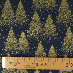 Tissu de Noël motif foret de sapins or fond bleu marine - Oeko tex