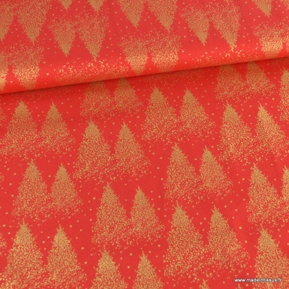 Tissu de Noël motif foret de sapins or fond rouge - Oeko tex