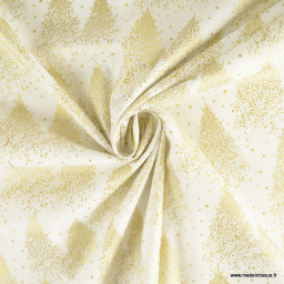 Tissu de Noël motif foret de sapins or fond blanc cassé - Oeko tex