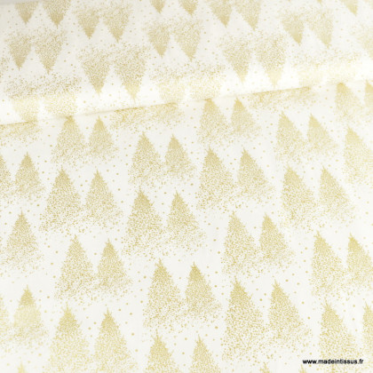 Tissu de Noël motif foret de sapins or fond blanc cassé - Oeko tex