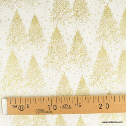 Tissu de Noël motif foret de sapins or fond blanc cassé - Oeko tex