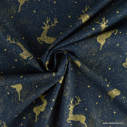 Tissu de Noël motif cerfs or fond bleu marine - Oeko tex