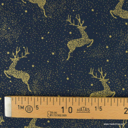 Tissu de Noël motif cerfs or fond bleu marine - Oeko tex