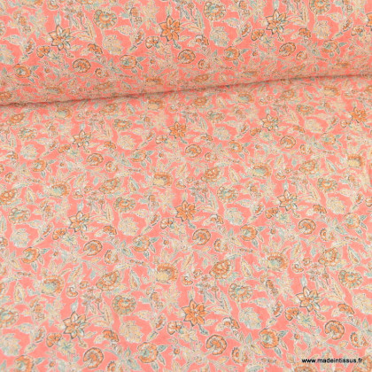 Voile de coton motif fleurs indiennes fond rose - oeko tex