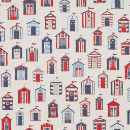 Tissu toile aspect lin motifs cabanes de plage bleues et rouges - Oeko tex