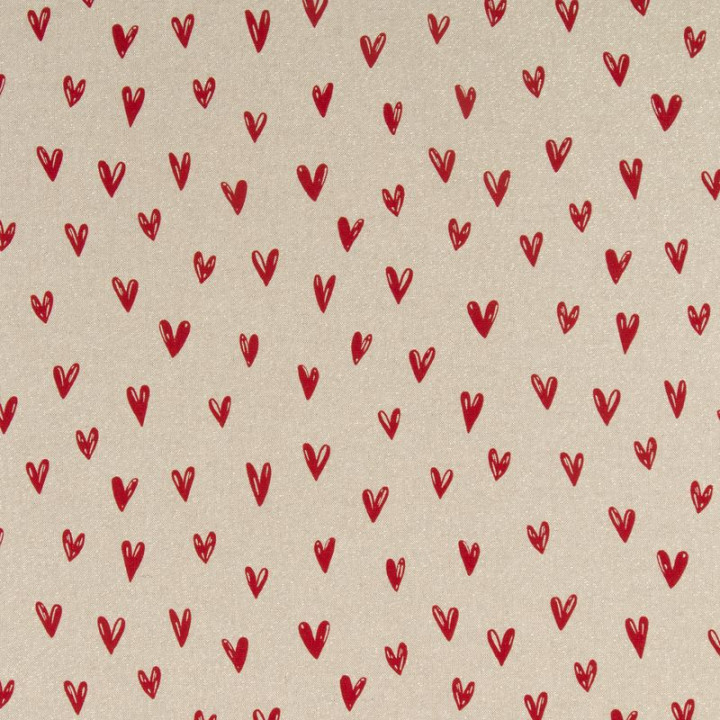 Tissu toile aspect lin motifs coeurs rouges fond lin - Oeko tex