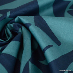 Tissu Satin de coton graphique bleu marine et turquoise