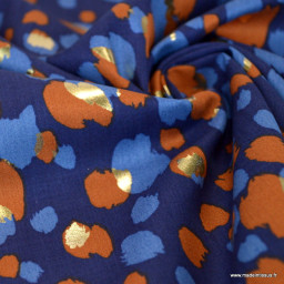 Tissu Viscose lurex motif léopard coloris Bleu marine et camel