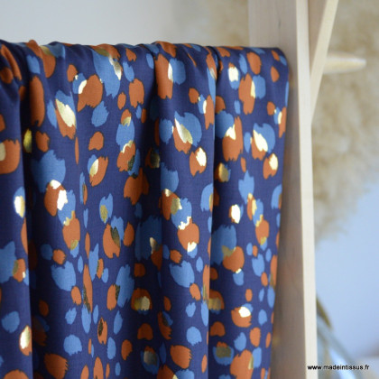 Tissu Viscose lurex motif léopard coloris Bleu marine et camel