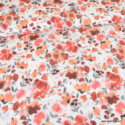 Tissu Viscose lurex motif fleurs marsala fond Blanc