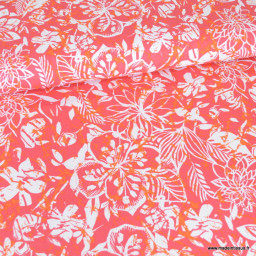 Tissu Jersey de Viscose motif fleuri fond corail - oeko tex
