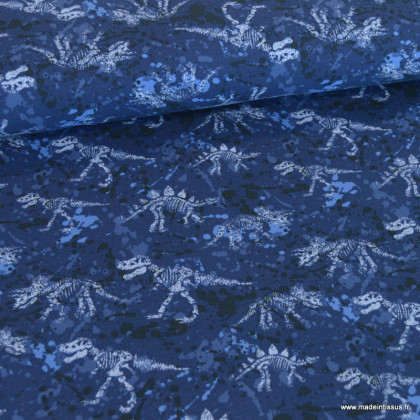 Tissu jersey French terry Sweat motifs Dinosaures Bleus - oeko tex
