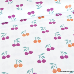 Tissu jersey Poppy motif cerises à paillettes fond blanc - oeko tex