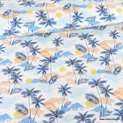 Tissu jersey motif palmiers et iles bleu - oeko tex