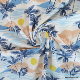 Tissu jersey motif palmiers et iles bleu - oeko tex