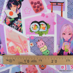 Tissu jersey motif Mangas Japonais Rose et Parme