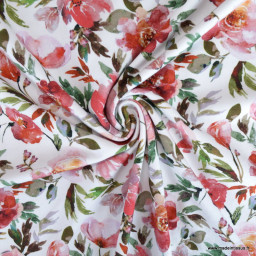 Tissu jersey motif fleurs roses et fuchsia fond blanc - oeko tex