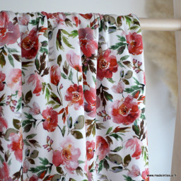Tissu jersey motif fleurs roses et fuchsia fond blanc - oeko tex