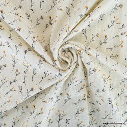 Tissu seersucker Jeanne à fleurs jaunes fond blanc cassé