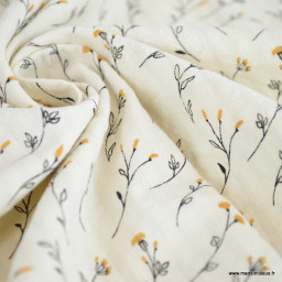 Tissu seersucker Jeanne à fleurs jaunes fond blanc cassé