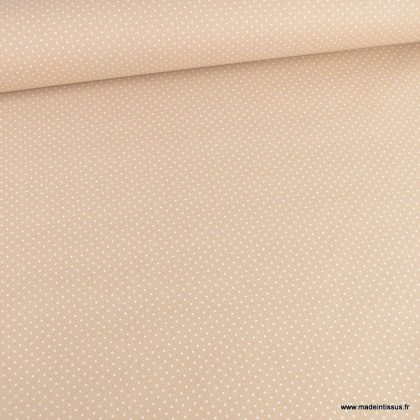 Tissu coton Enduit motifs Pois blanc fond Sable -  Oeko tex
