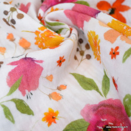 Double gaze de coton Mathilde motif fleurs roses et oranges fond blanc -  oeko tex