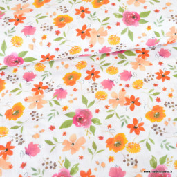 Double gaze de coton Mathilde motif fleurs roses et oranges fond blanc -  oeko tex