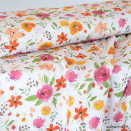 Double gaze de coton Mathilde motif fleurs roses et oranges fond blanc -  oeko tex