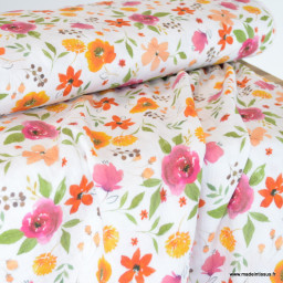 Double gaze de coton Mathilde motif fleurs roses et oranges fond blanc -  oeko tex