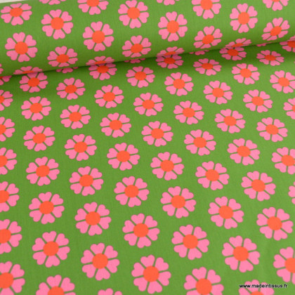 Tissu coton Enduit motifs fleurs roses vintage fond vert